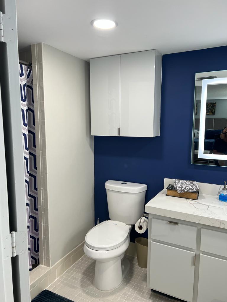 Bathroom Remodel with Navy Accent Wall and White Vanity - Handyman Group SFL