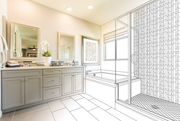 Bathroom remodel design concept showing a tiled walk-in shower and soaking tub - Handyman Group SFL