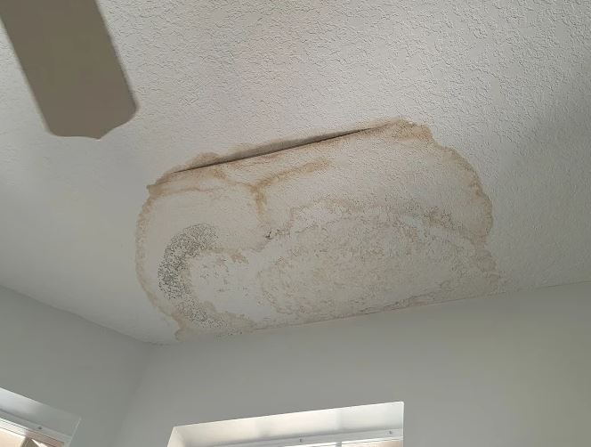 Water-stained ceiling under a ceiling fan before drywall and paint repair - Handyman Group SFL